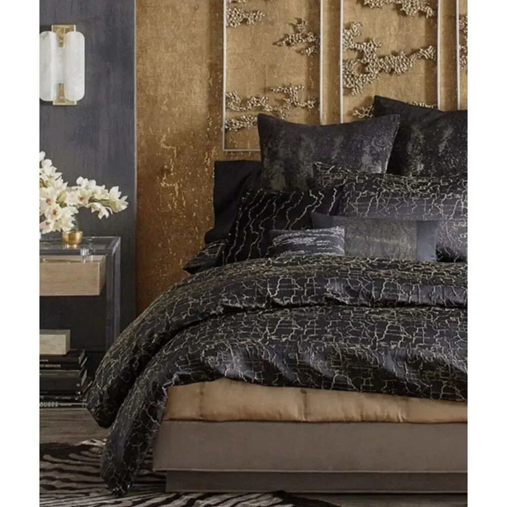 Donna Karan King Duvet Cover Black Gold Textured Onyx Collection Luxury Bedding
